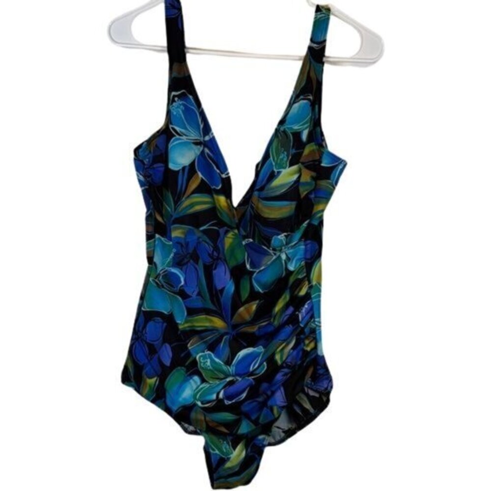 Miraclesuit Oceanus Blue Black V-Neck Swimsuit Size 16 EUC #5675